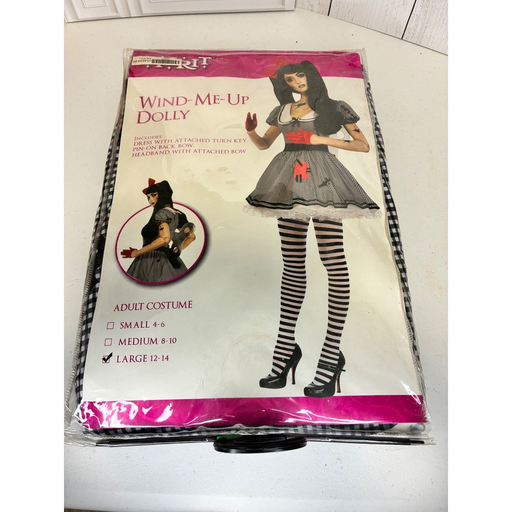 Spirit Wind-Me-Up Dolly Costume Womens Large Black White NIB Gingham Halloween
